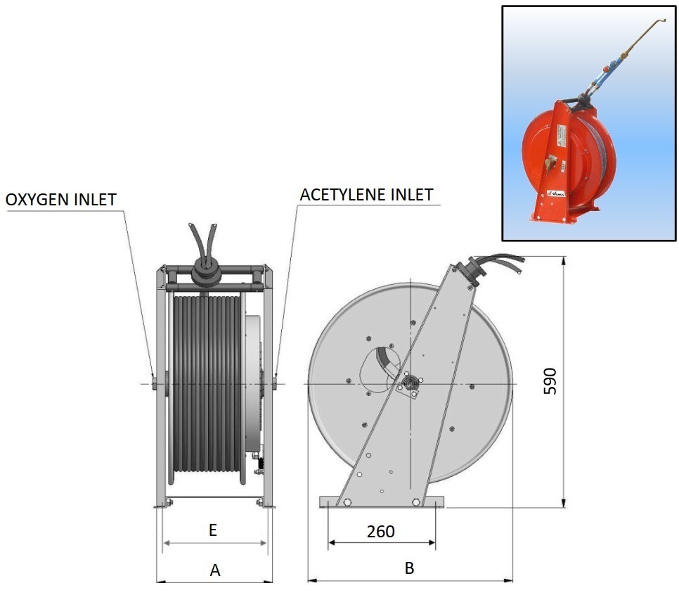 Ett diagram som visar måtten på en Slangvinda för svetsgas Serie DGAS - 2x Ø6mm längd 17m.